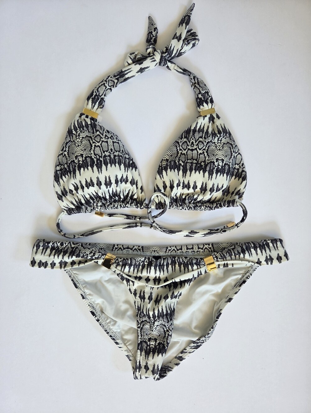 ViX Paula Hermanny Snakeskin black white patterned gold embellished bikini set M